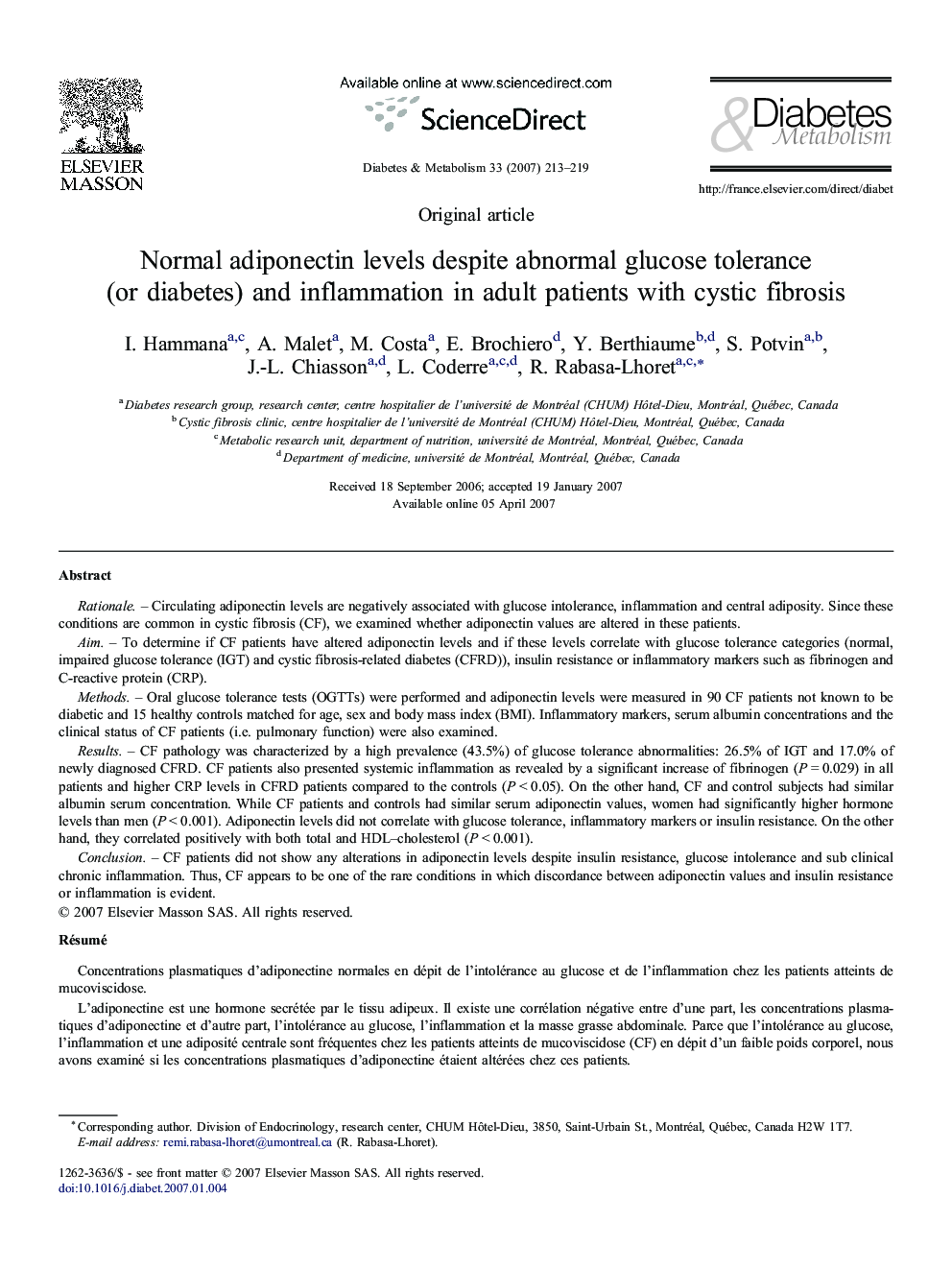 Normal adiponectin levels despite abnormal glucose tolerance (or diabetes) and inflammation in adult patients with cystic fibrosis