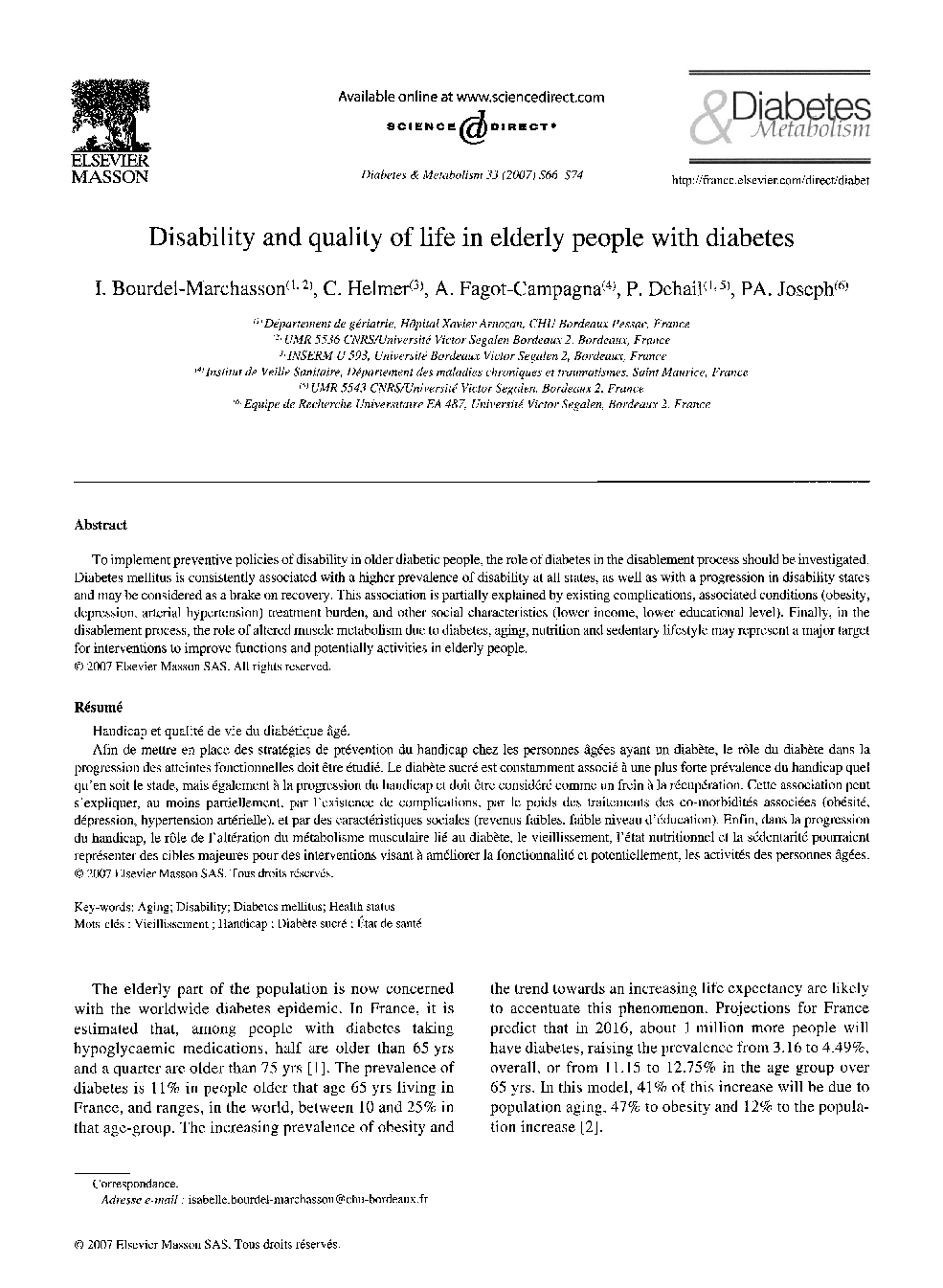 Disability and quality of life in elderly people with diabetes