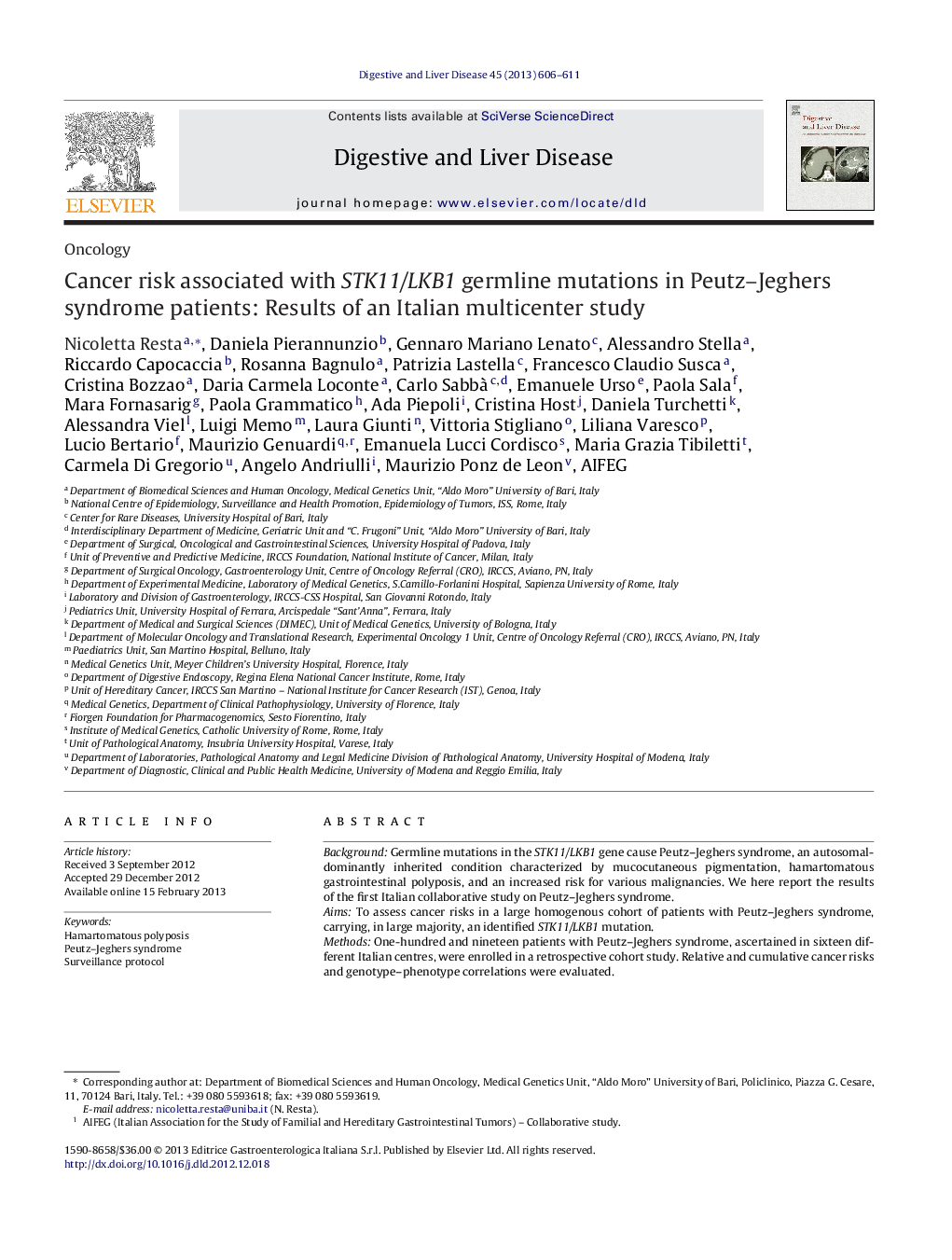 Cancer risk associated with STK11/LKB1 germline mutations in Peutz–Jeghers syndrome patients: Results of an Italian multicenter study