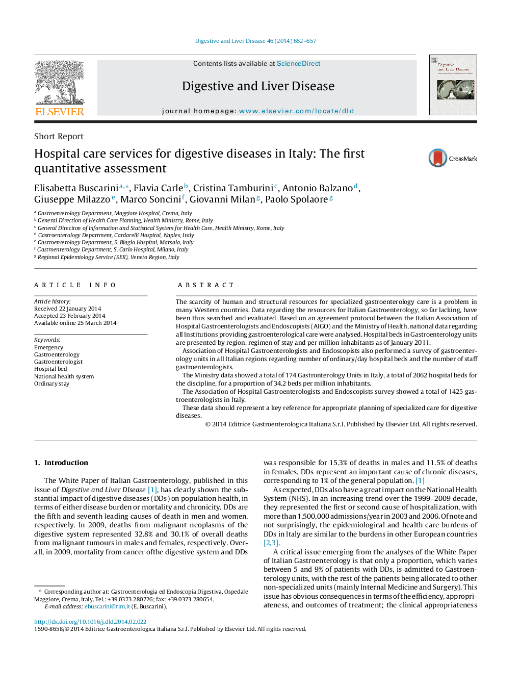 Hospital care services for digestive diseases in Italy: The first quantitative assessment