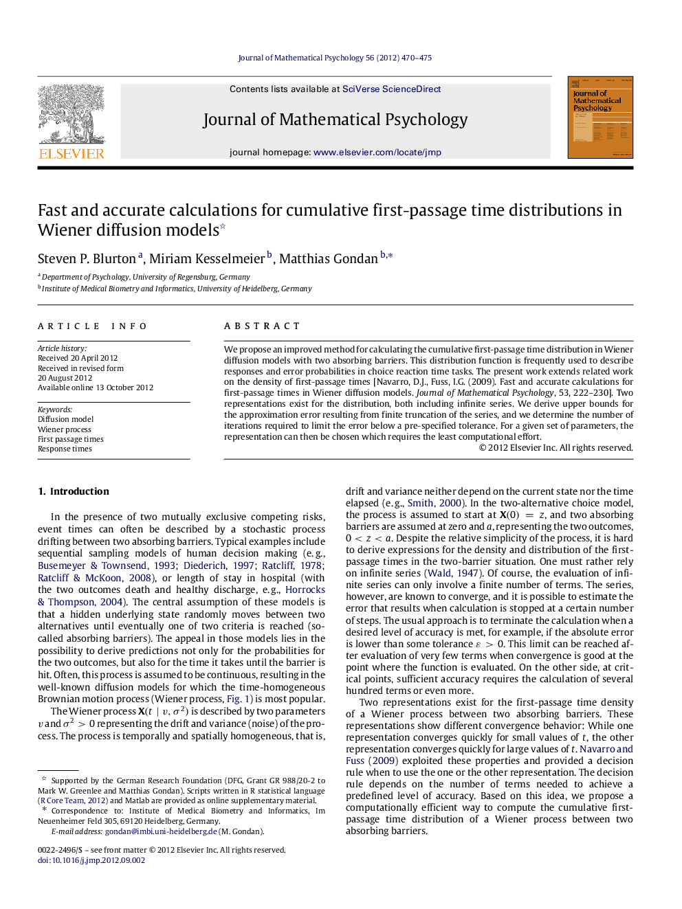 Fast and accurate calculations for cumulative first-passage time distributions in Wiener diffusion models 