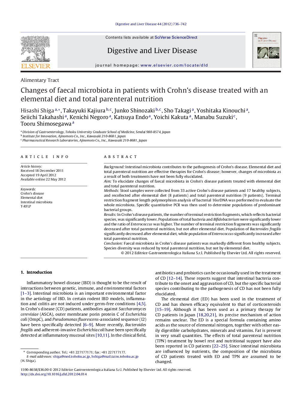 Changes of faecal microbiota in patients with Crohn's disease treated with an elemental diet and total parenteral nutrition