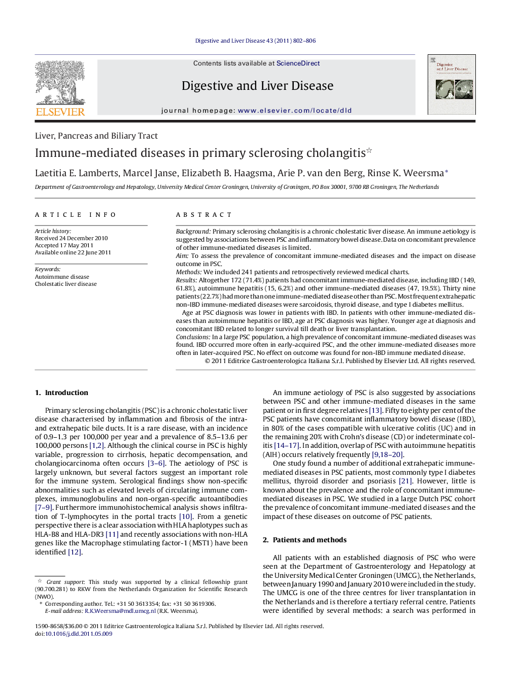 Immune-mediated diseases in primary sclerosing cholangitis 