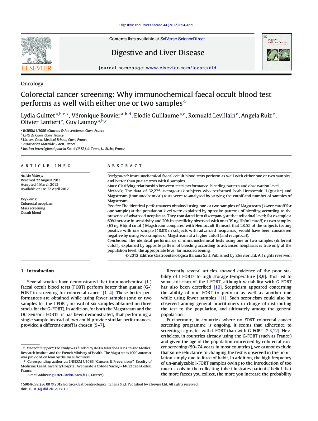 Colorectal cancer screening: Why immunochemical faecal occult blood test performs as well with either one or two samples