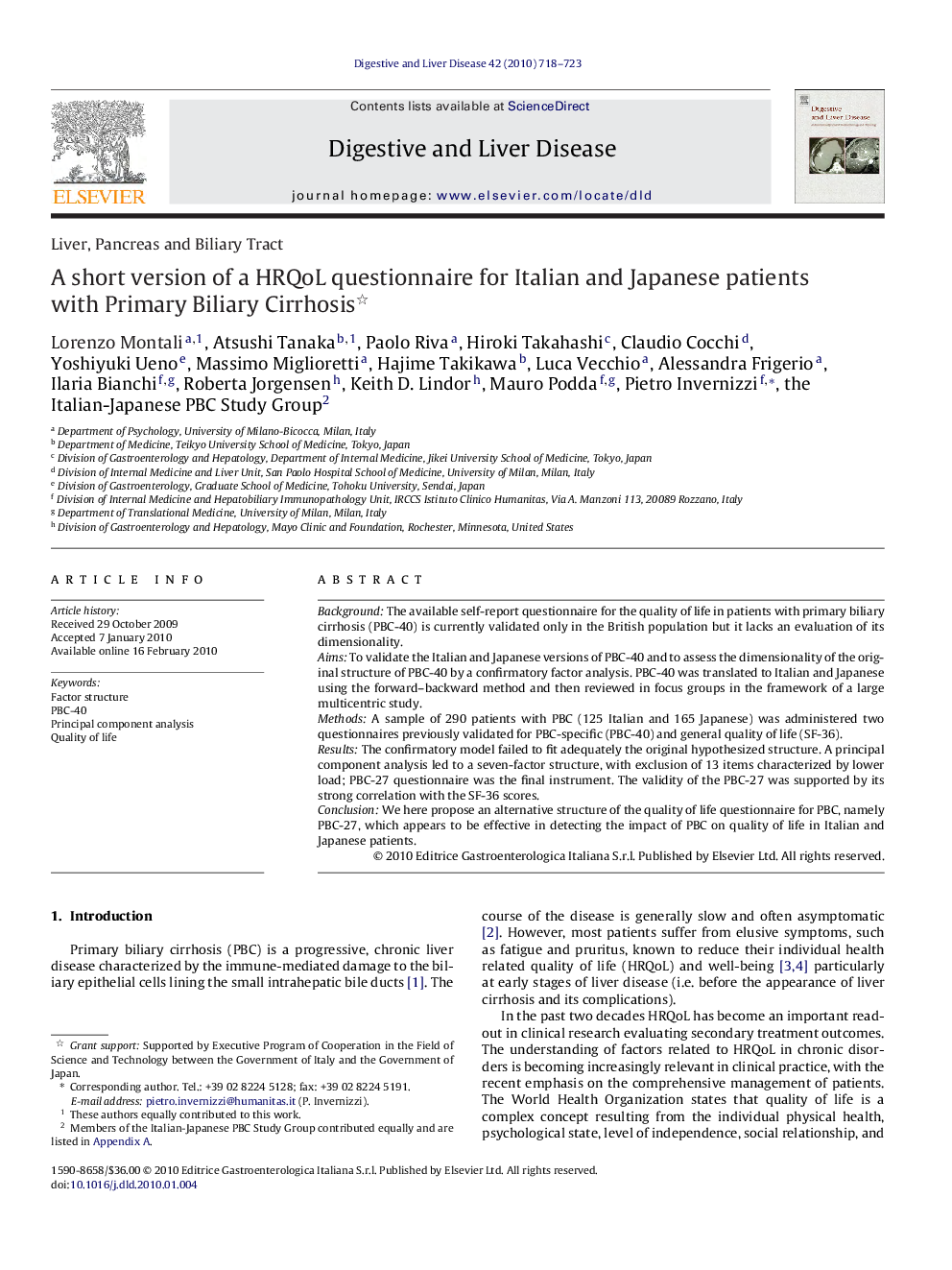 A short version of a HRQoL questionnaire for Italian and Japanese patients with Primary Biliary Cirrhosis 