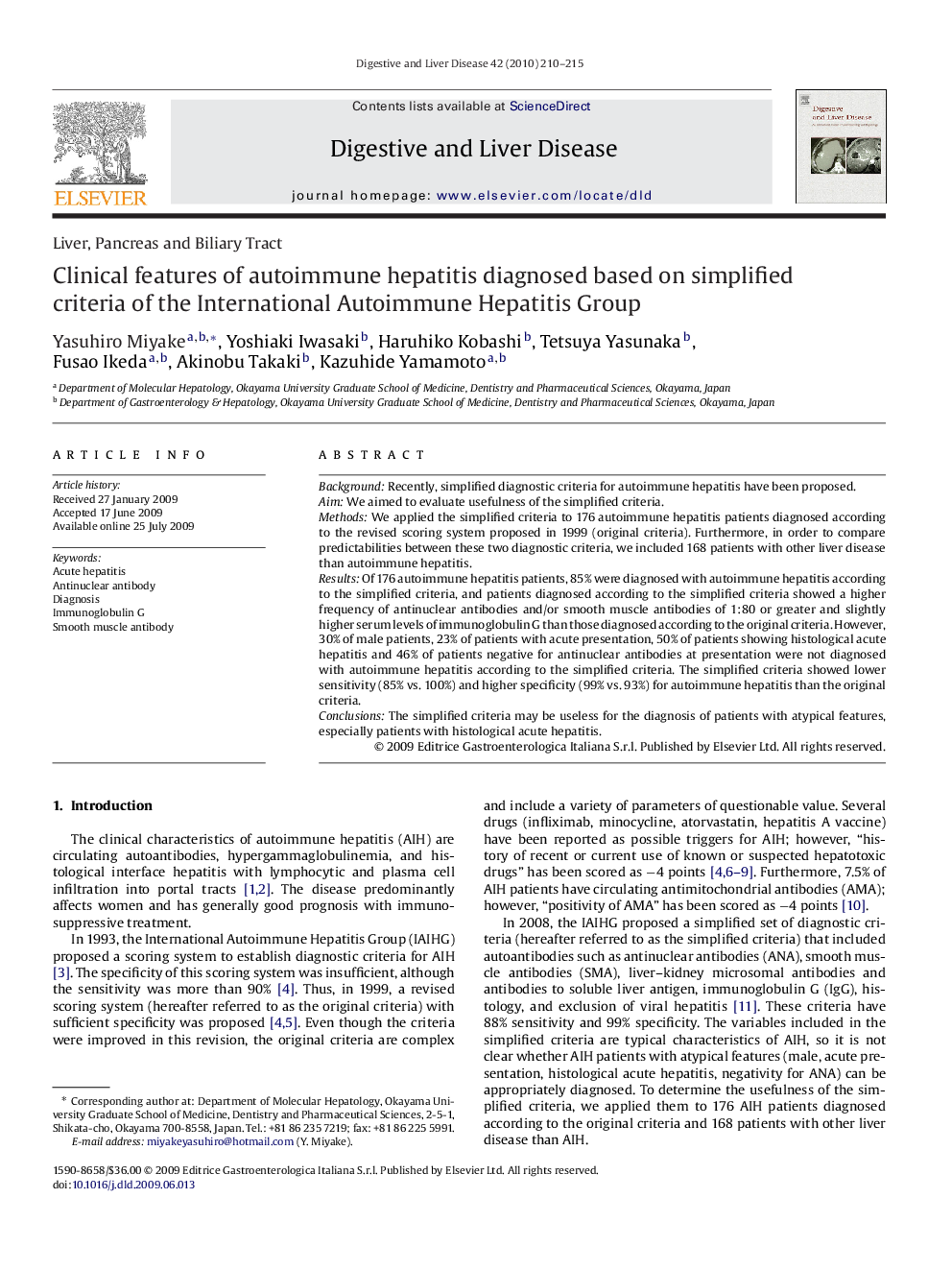 Clinical features of autoimmune hepatitis diagnosed based on simplified criteria of the International Autoimmune Hepatitis Group