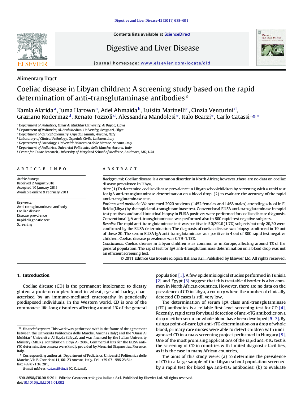 Coeliac disease in Libyan children: A screening study based on the rapid determination of anti-transglutaminase antibodies 