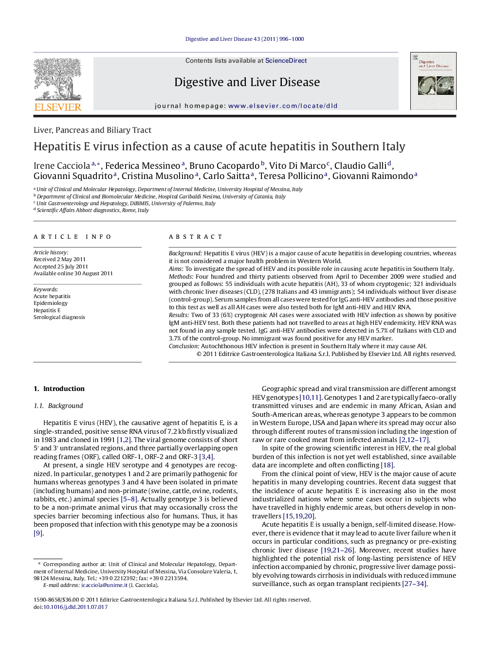 Hepatitis E virus infection as a cause of acute hepatitis in Southern Italy