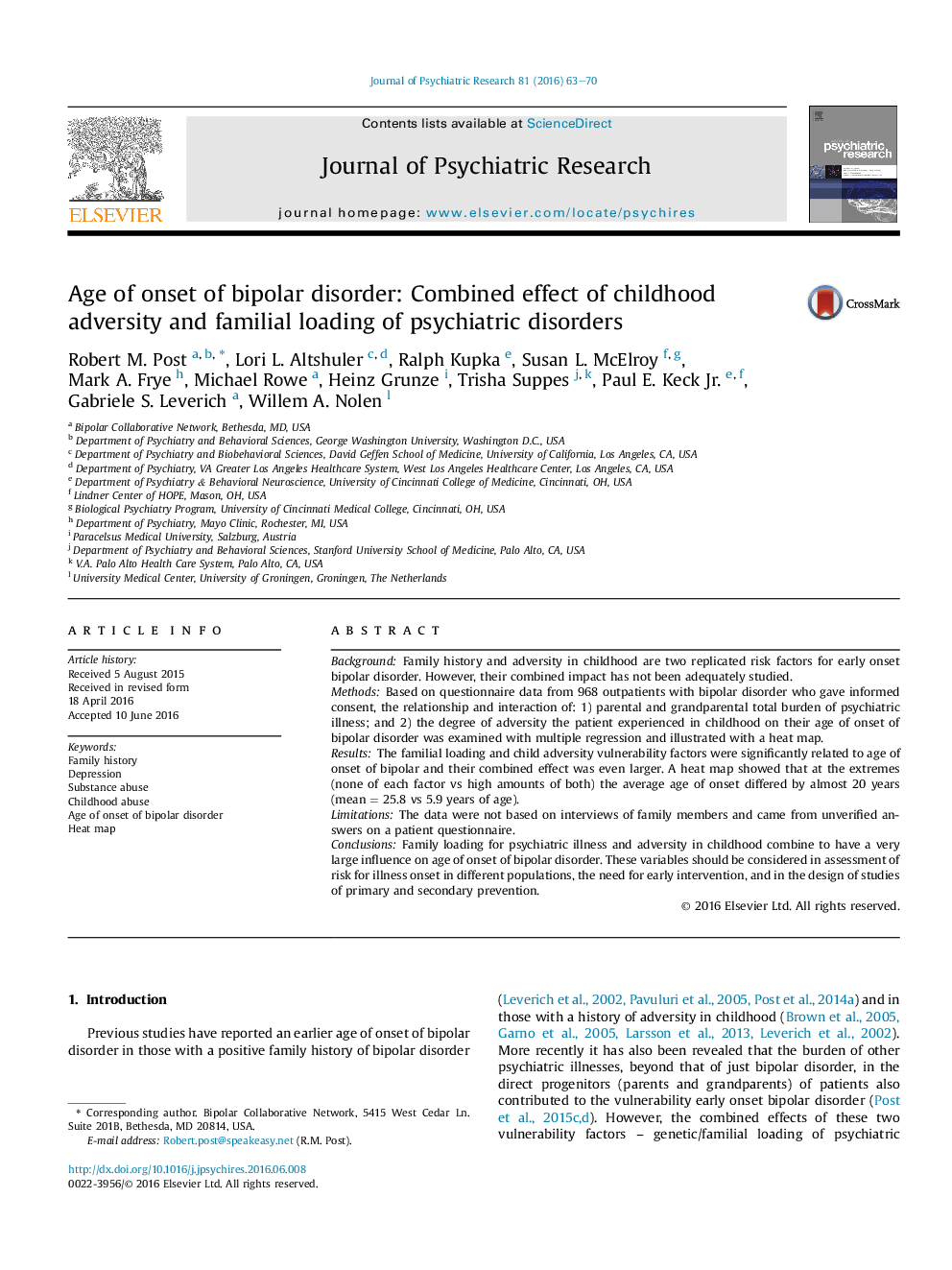 Age of onset of bipolar disorder: Combined effect of childhood adversity and familial loading of psychiatric disorders