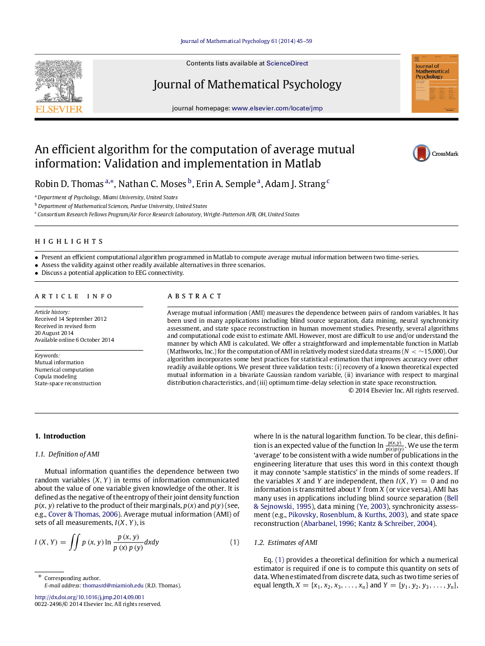 An efficient algorithm for the computation of average mutual information: Validation and implementation in Matlab