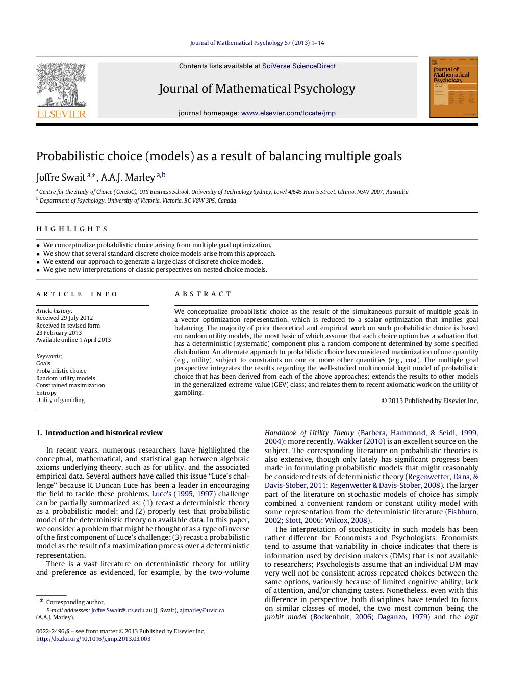 Probabilistic choice (models) as a result of balancing multiple goals