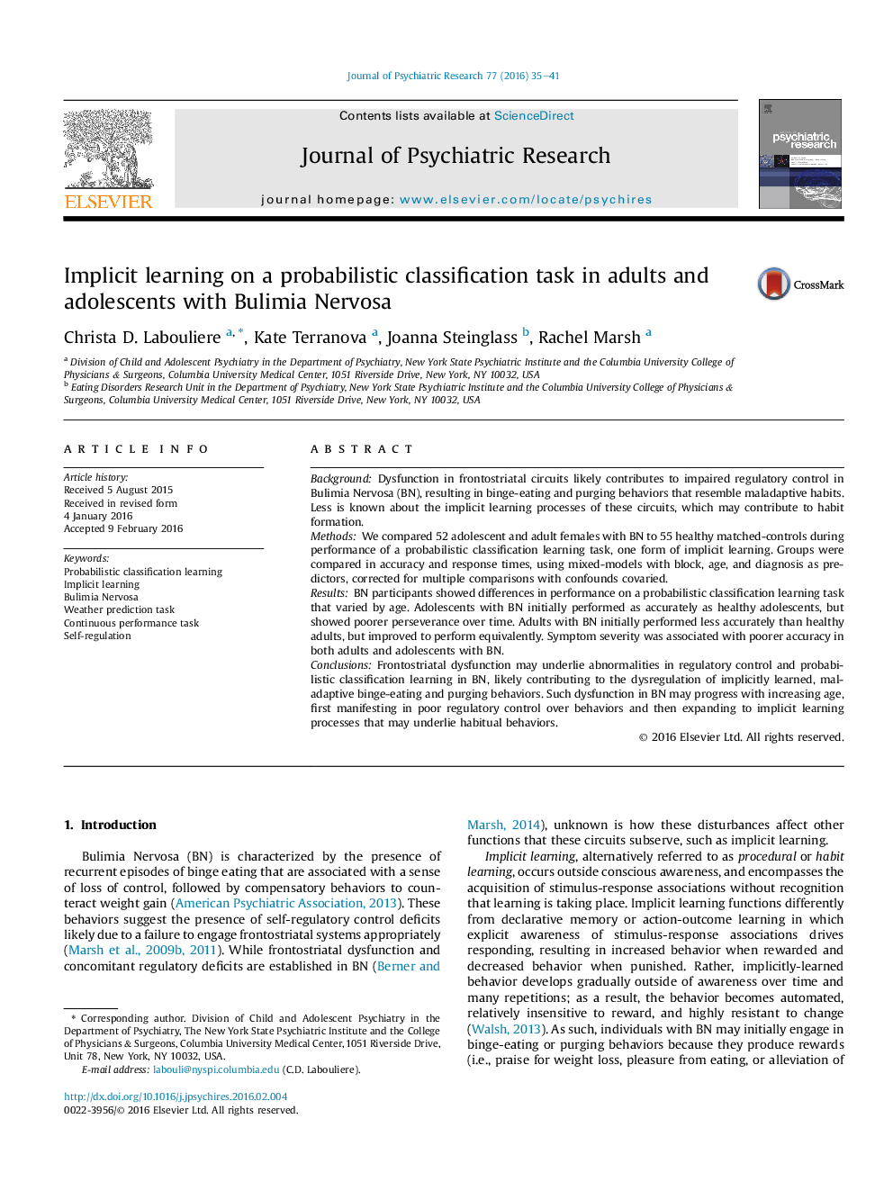 Implicit learning on a probabilistic classification task in adults and adolescents with Bulimia Nervosa