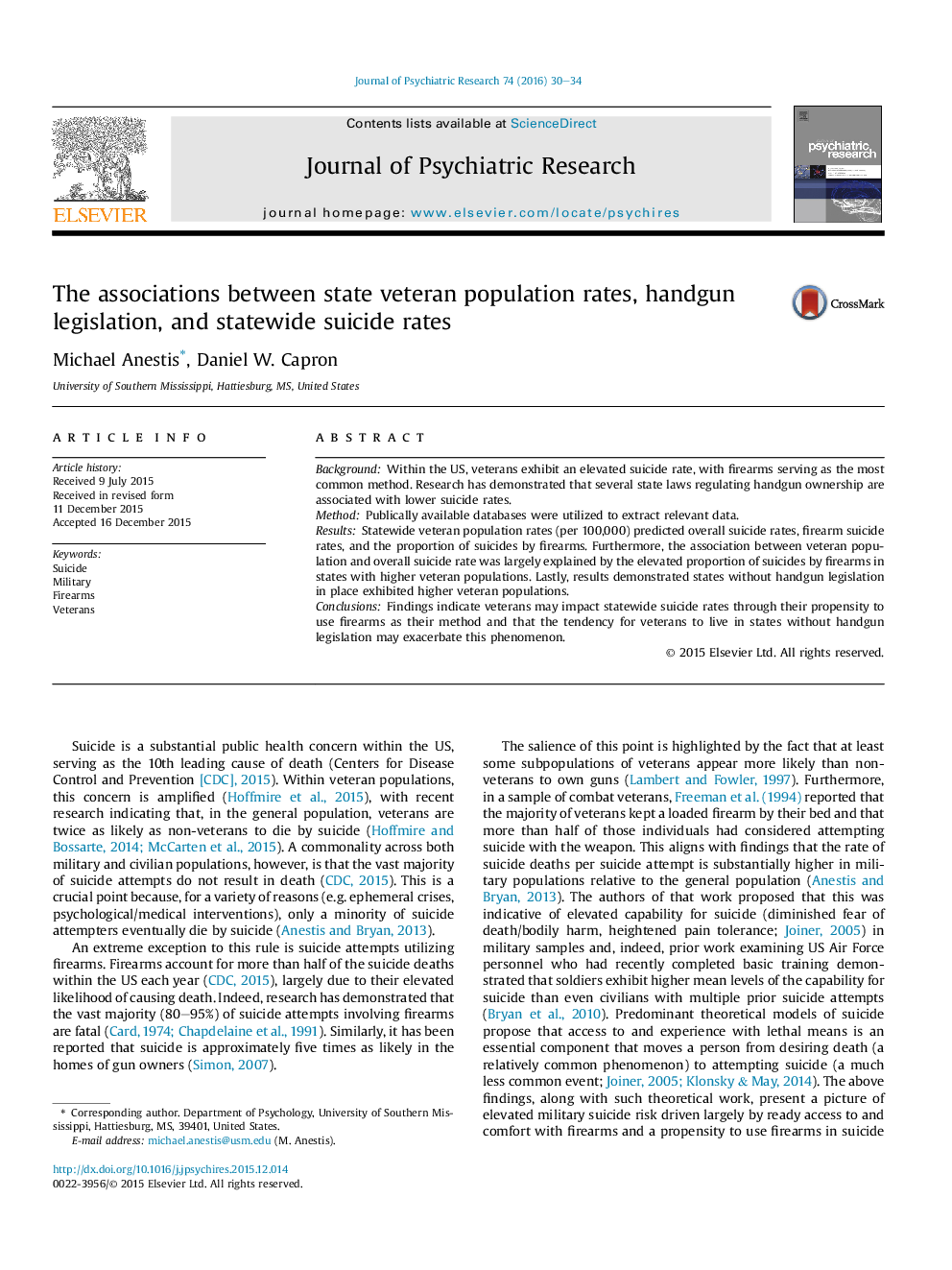 The associations between state veteran population rates, handgun legislation, and statewide suicide rates