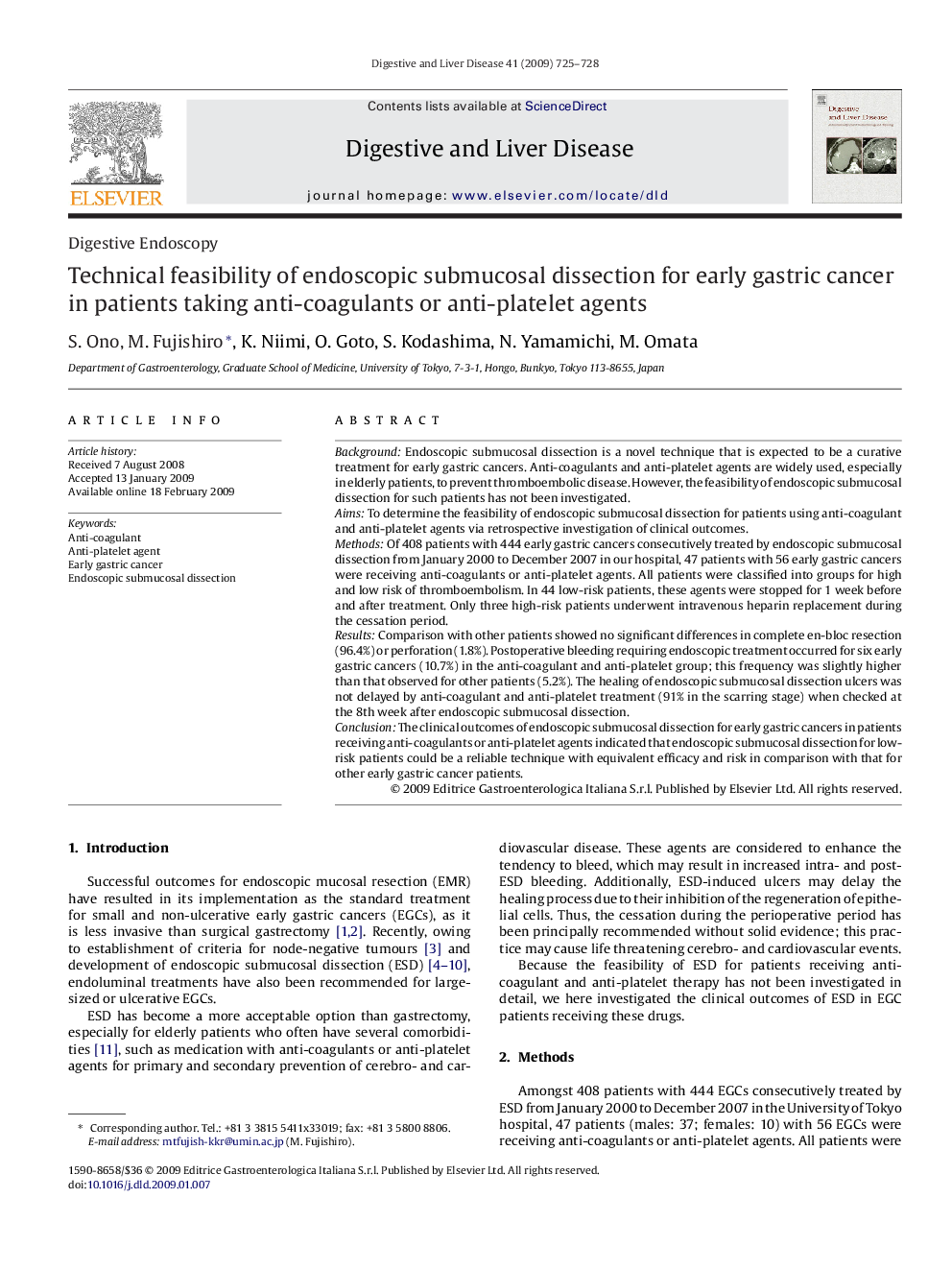 Technical feasibility of endoscopic submucosal dissection for early gastric cancer in patients taking anti-coagulants or anti-platelet agents