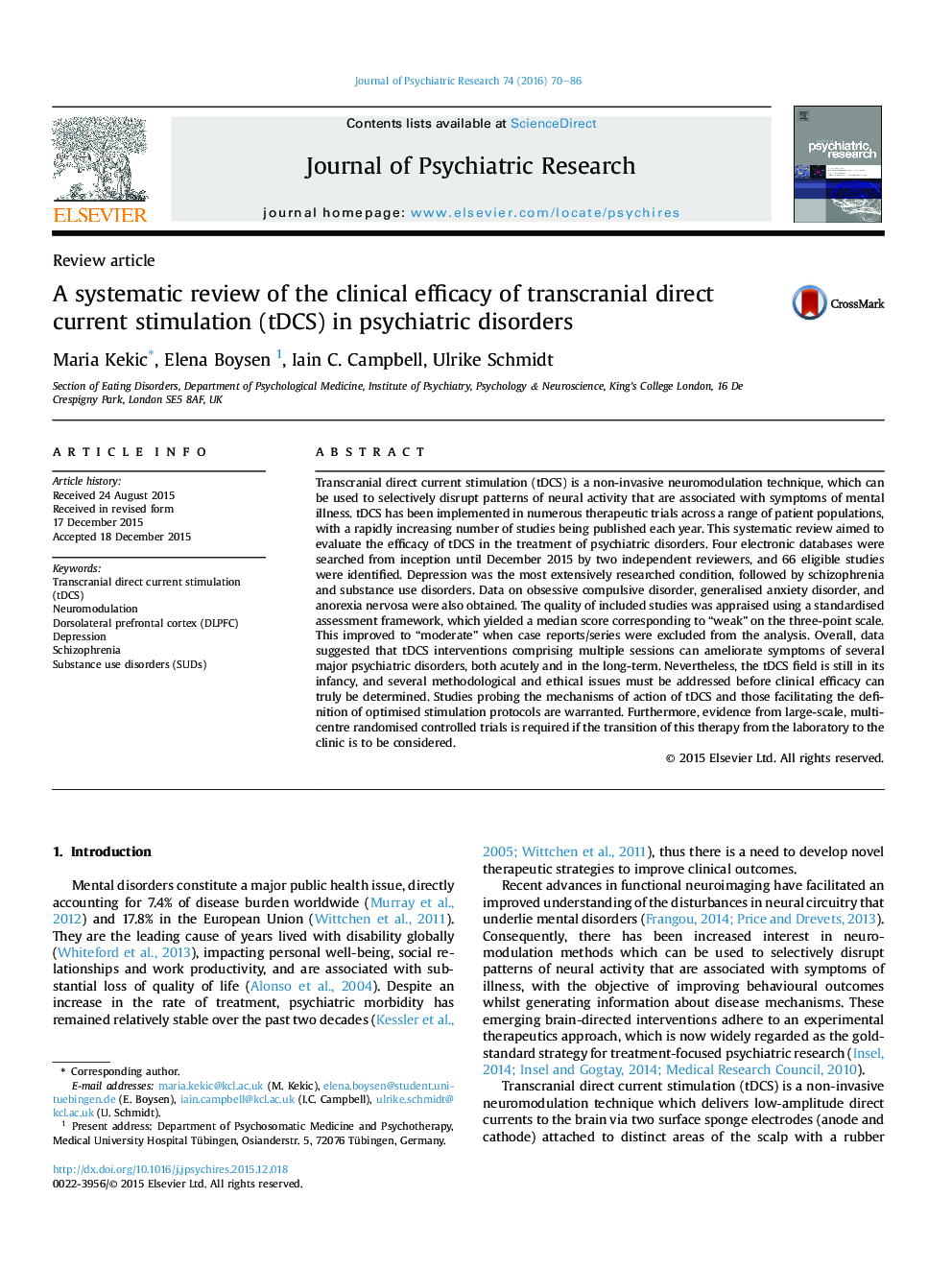 A systematic review of the clinical efficacy of transcranial direct current stimulation (tDCS) in psychiatric disorders