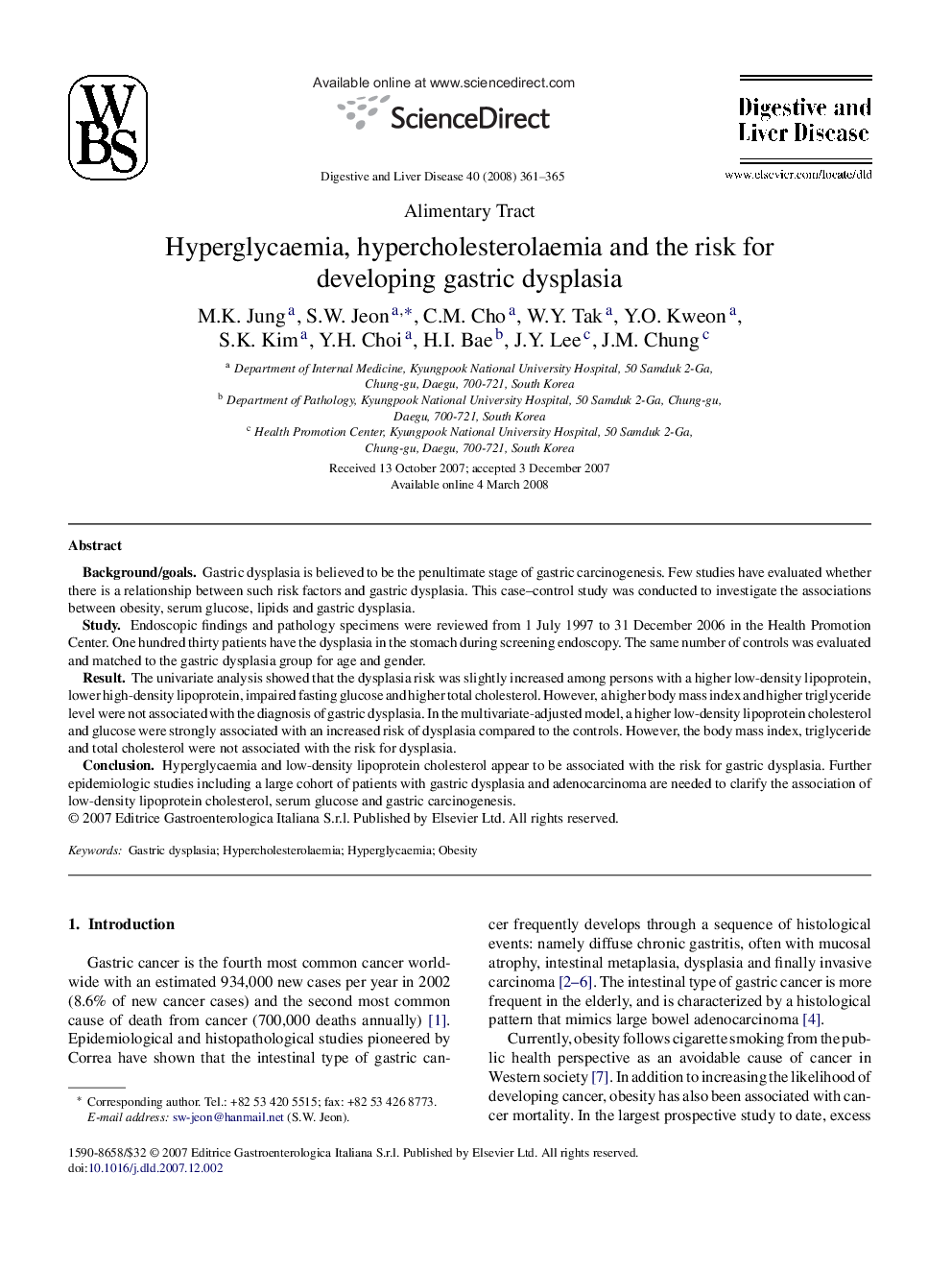 Hyperglycaemia, hypercholesterolaemia and the risk for developing gastric dysplasia