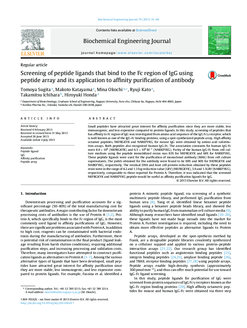 Screening of peptide ligands that bind to the Fc region of IgG using peptide array and its application to affinity purification of antibody