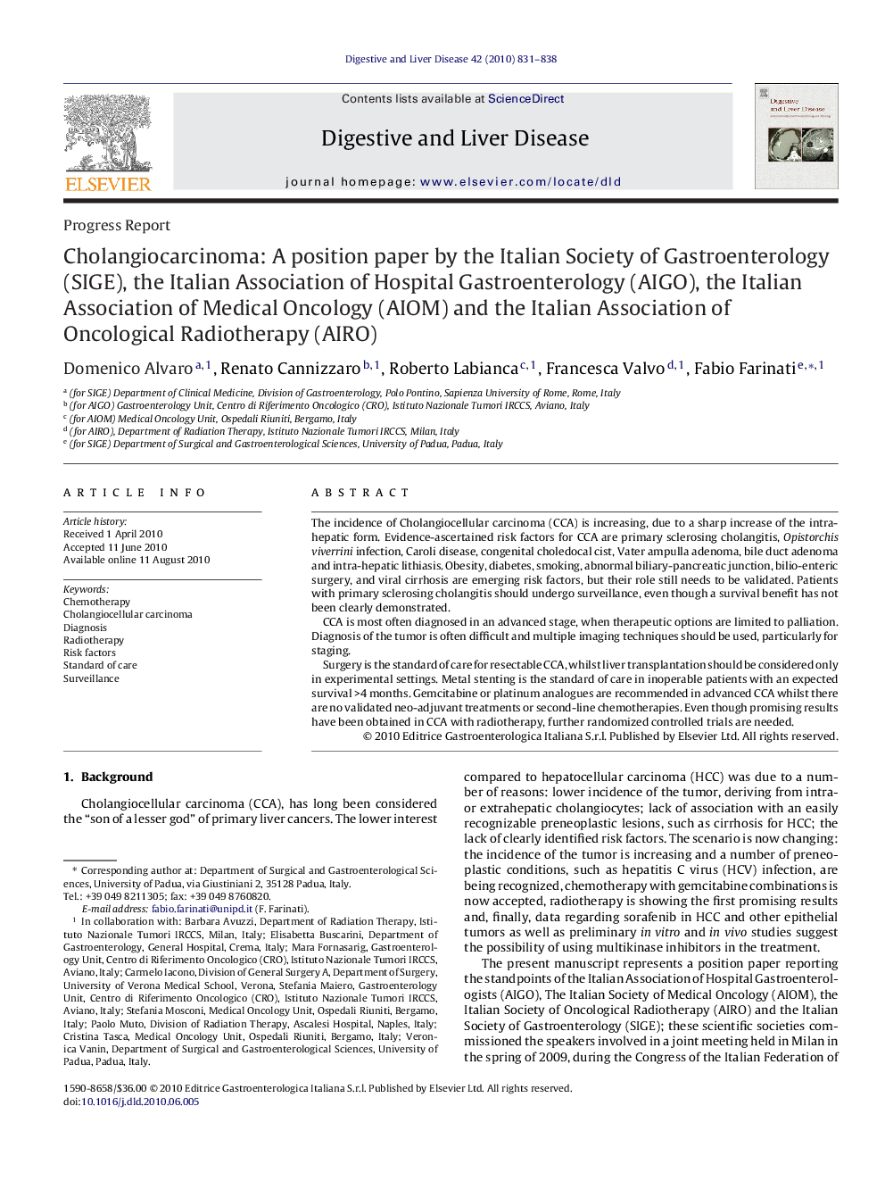 Cholangiocarcinoma: A position paper by the Italian Society of Gastroenterology (SIGE), the Italian Association of Hospital Gastroenterology (AIGO), the Italian Association of Medical Oncology (AIOM) and the Italian Association of Oncological Radiotherapy