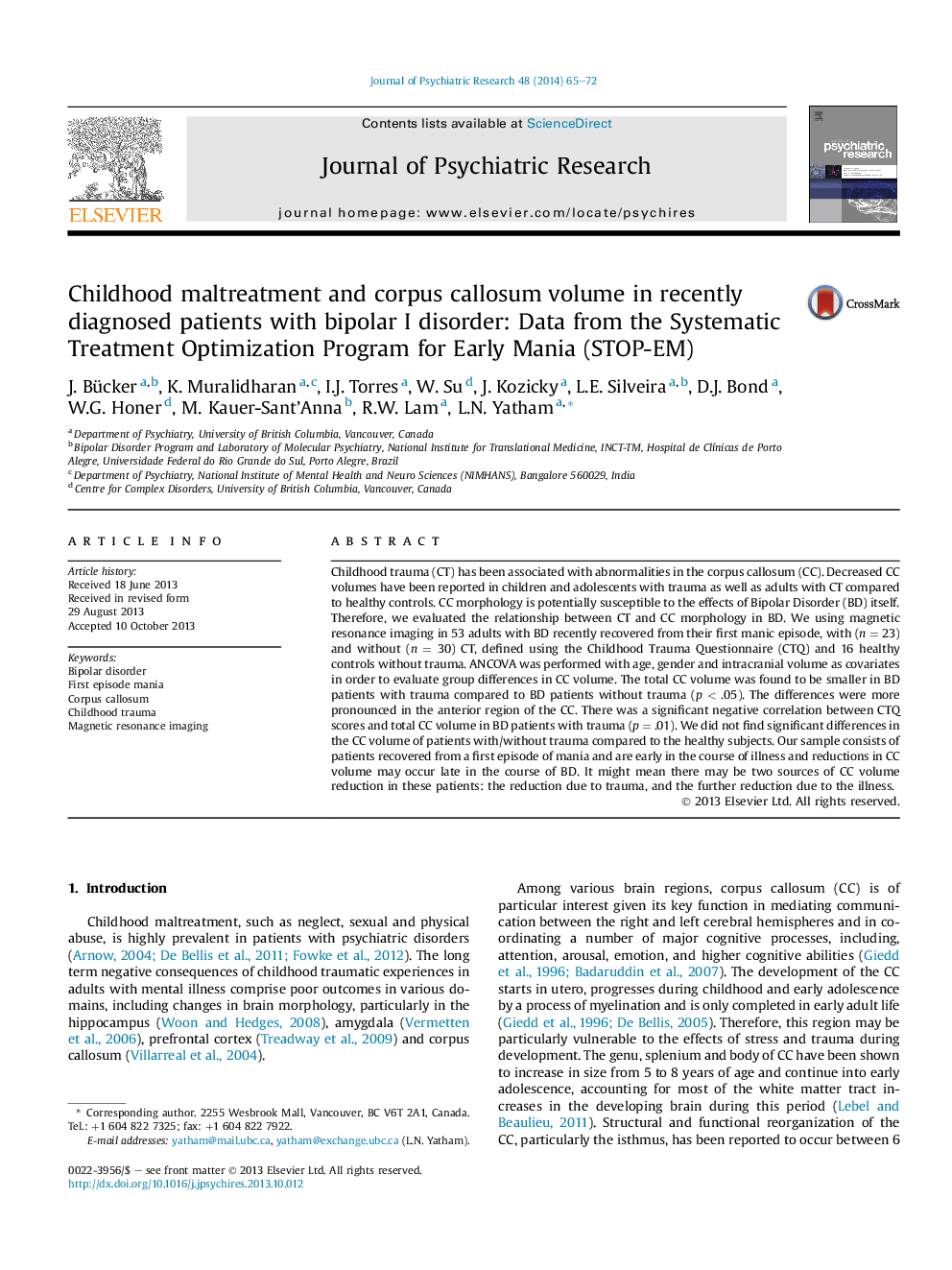 Childhood maltreatment and corpus callosum volume in recently diagnosed patients with bipolar I disorder: Data from the Systematic Treatment Optimization Program for Early Mania (STOP-EM)