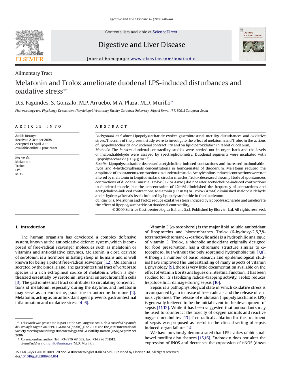 Melatonin and Trolox ameliorate duodenal LPS-induced disturbances and oxidative stress 