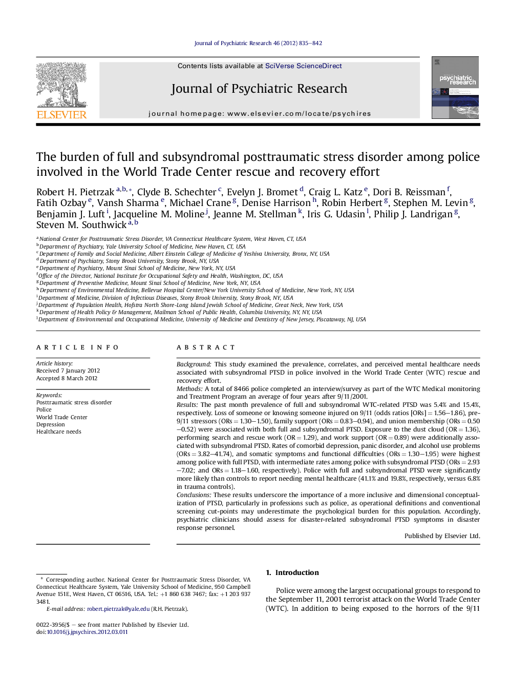 The burden of full and subsyndromal posttraumatic stress disorder among police involved in the World Trade Center rescue and recovery effort