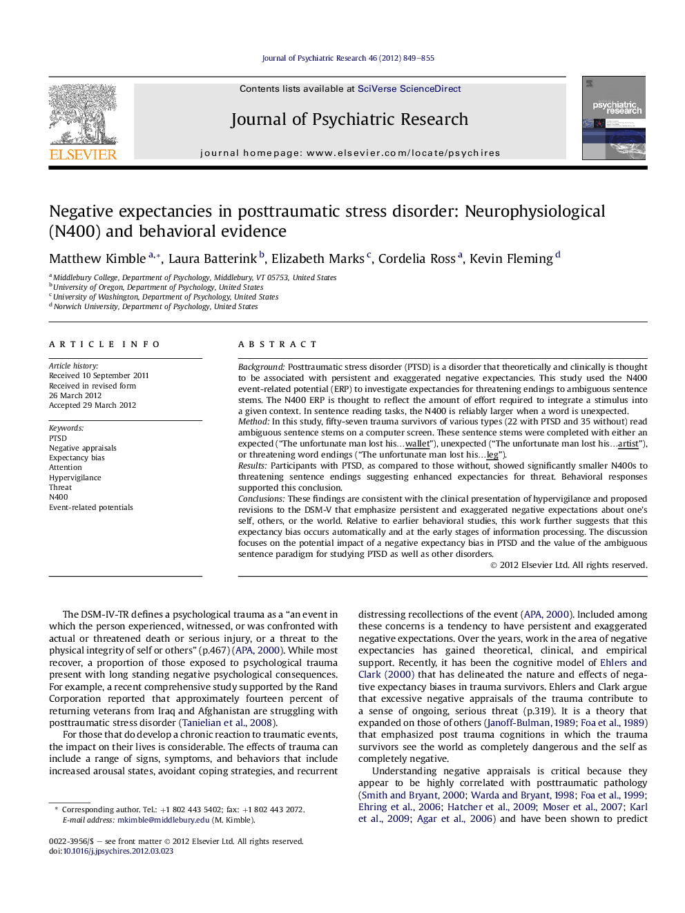 Negative expectancies in posttraumatic stress disorder: Neurophysiological (N400) and behavioral evidence