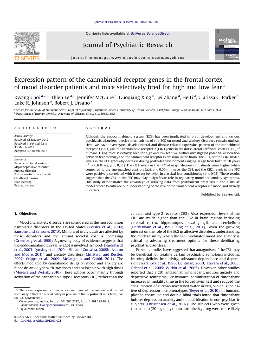 Expression pattern of the cannabinoid receptor genes in the frontal cortex of mood disorder patients and mice selectively bred for high and low fear 