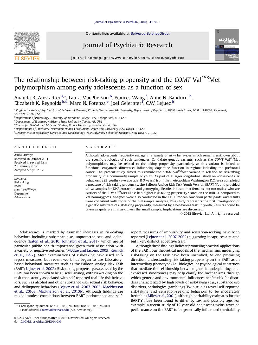 The relationship between risk-taking propensity and the COMT Val158Met polymorphism among early adolescents as a function of sex