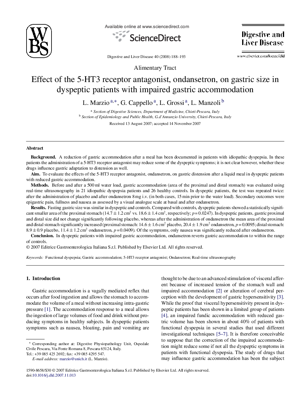 Effect of the 5-HT3 receptor antagonist, ondansetron, on gastric size in dyspeptic patients with impaired gastric accommodation