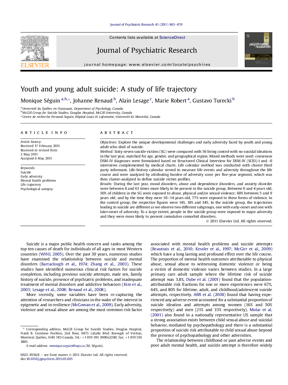 Youth and young adult suicide: A study of life trajectory