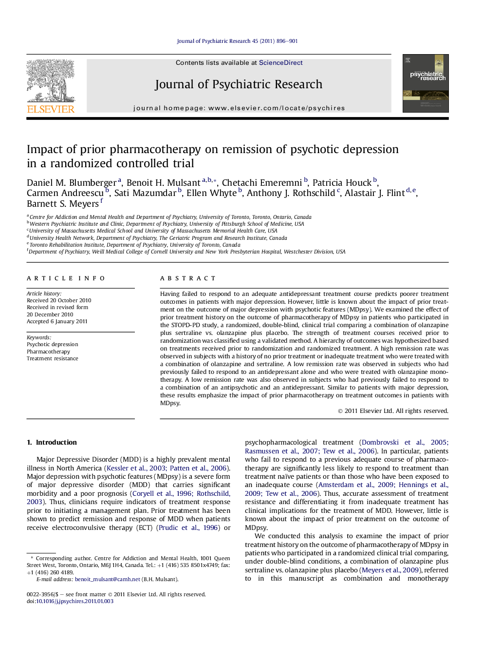 Impact of prior pharmacotherapy on remission of psychotic depression in a randomized controlled trial