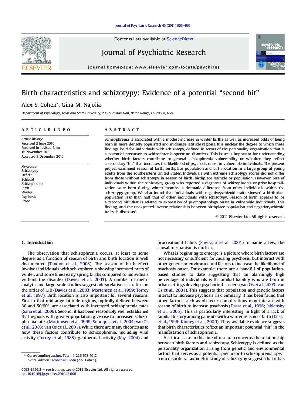 Birth characteristics and schizotypy: Evidence of a potential “second hit”