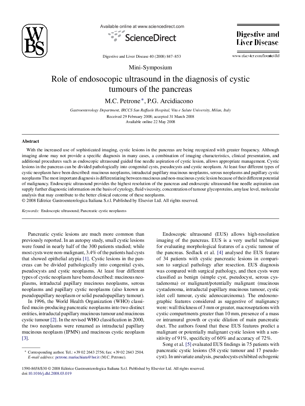 Role of endosocopic ultrasound in the diagnosis of cystic tumours of the pancreas