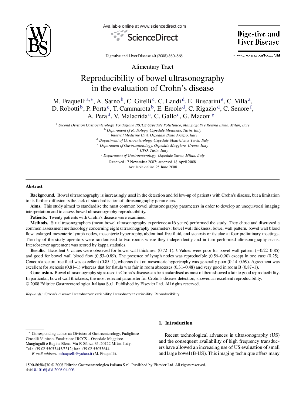 Reproducibility of bowel ultrasonography in the evaluation of Crohn's disease