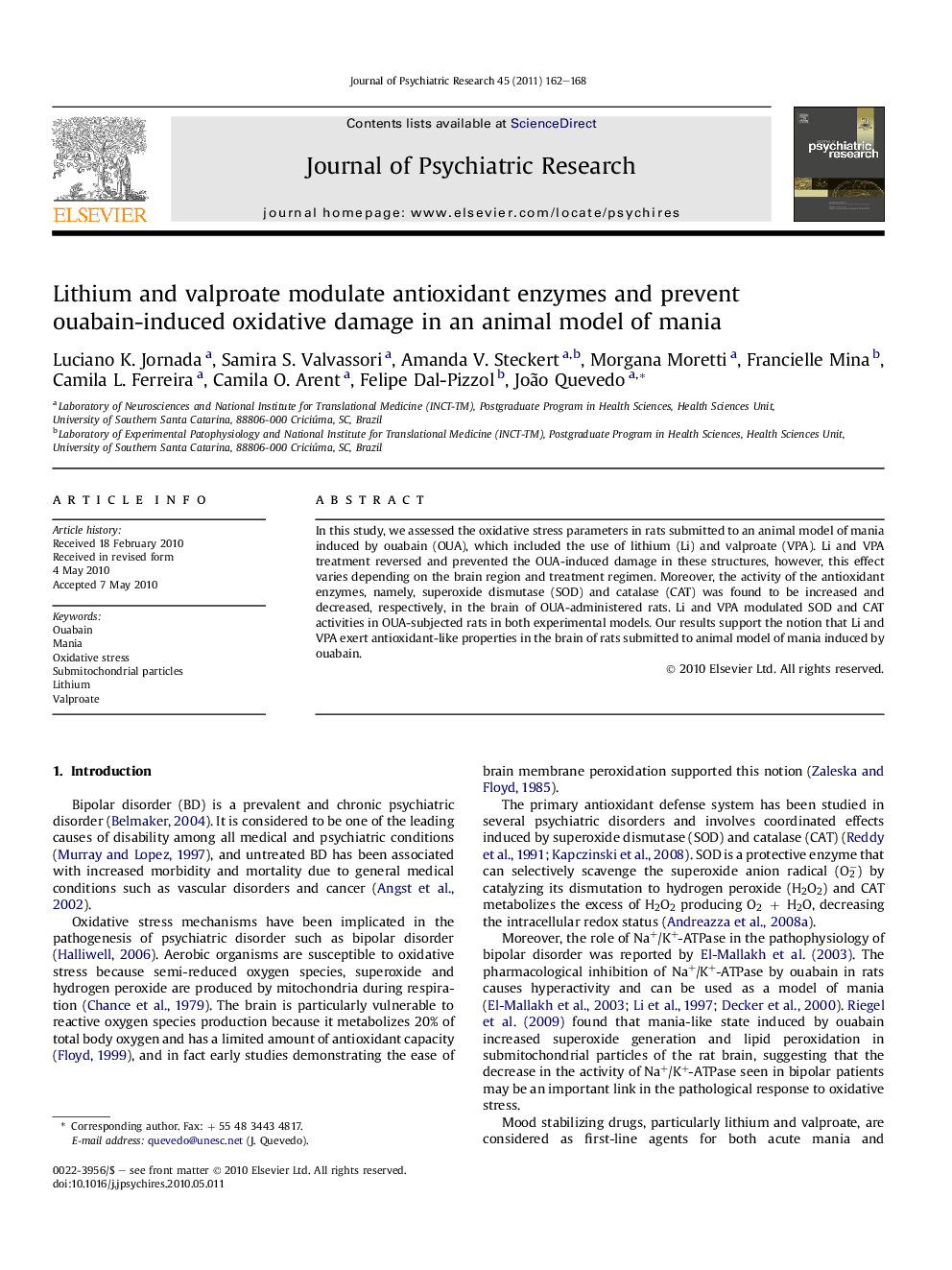 Lithium and valproate modulate antioxidant enzymes and prevent ouabain-induced oxidative damage in an animal model of mania