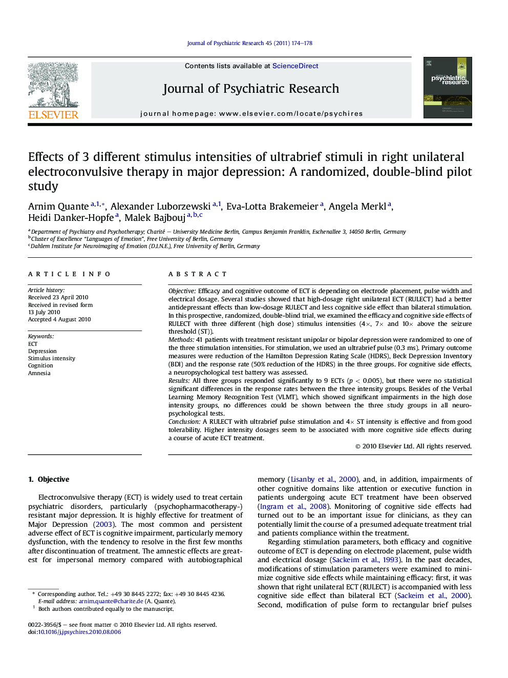 Effects of 3 different stimulus intensities of ultrabrief stimuli in right unilateral electroconvulsive therapy in major depression: A randomized, double-blind pilot study