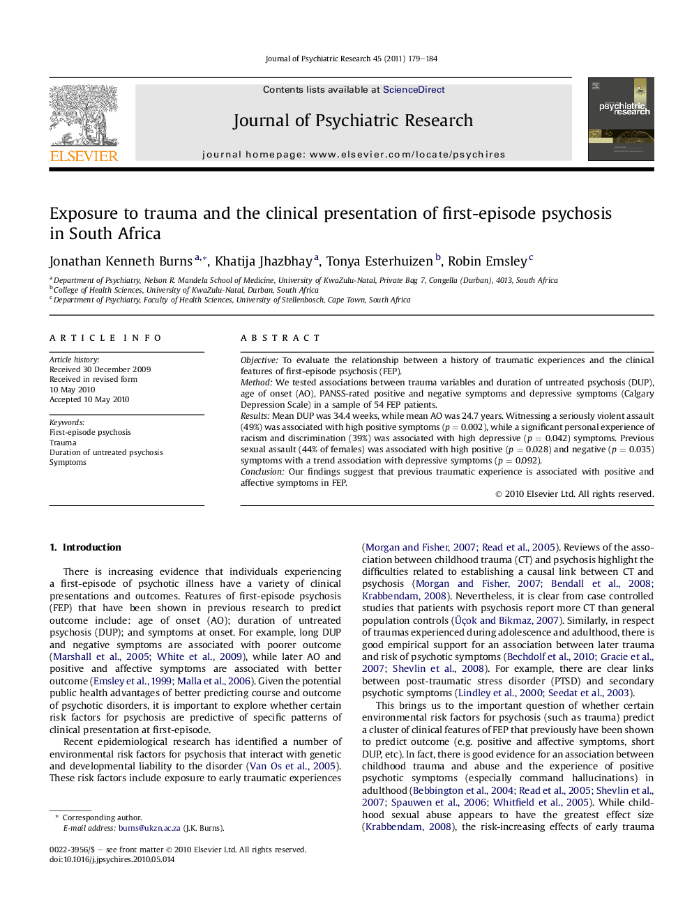 Exposure to trauma and the clinical presentation of first-episode psychosis in South Africa