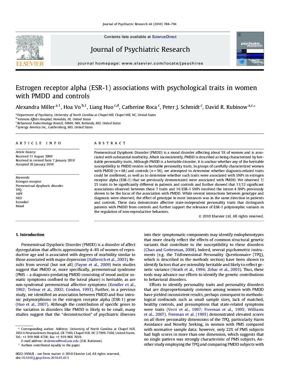 Estrogen receptor alpha (ESR-1) associations with psychological traits in women with PMDD and controls