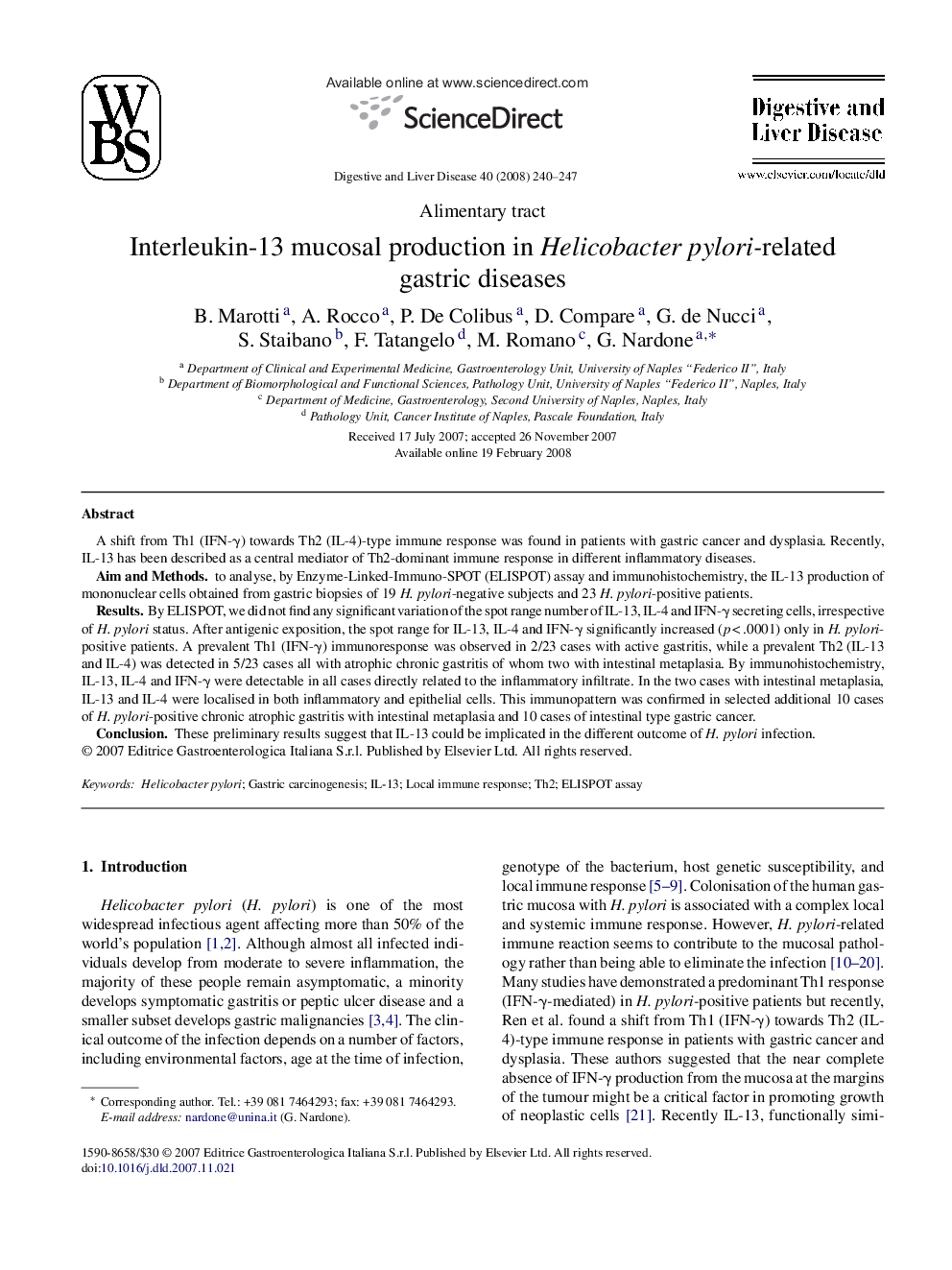 Interleukin-13 mucosal production in Helicobacter pylori-related gastric diseases