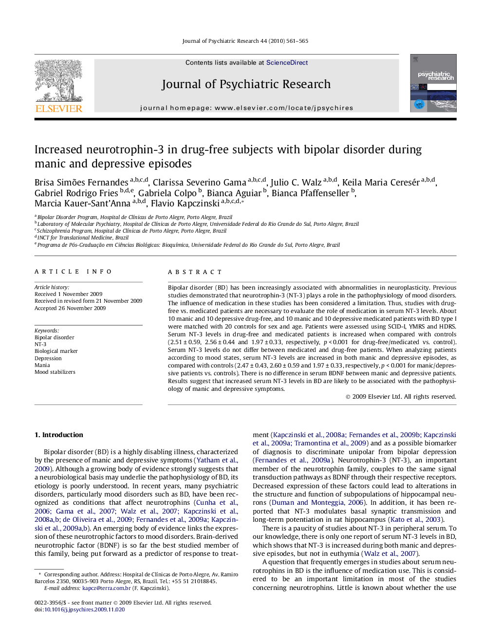 Increased neurotrophin-3 in drug-free subjects with bipolar disorder during manic and depressive episodes