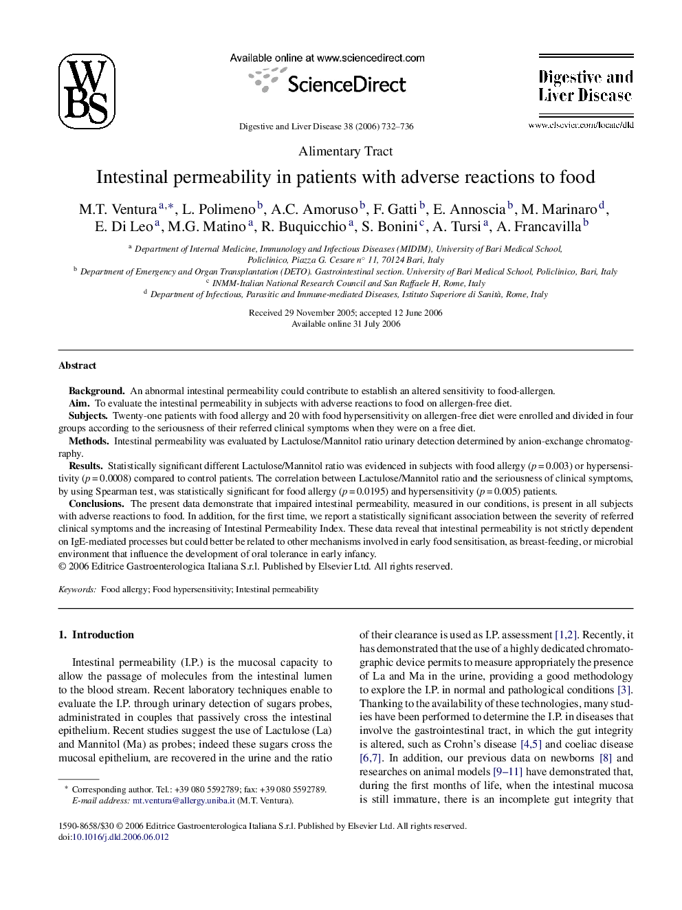 Intestinal permeability in patients with adverse reactions to food