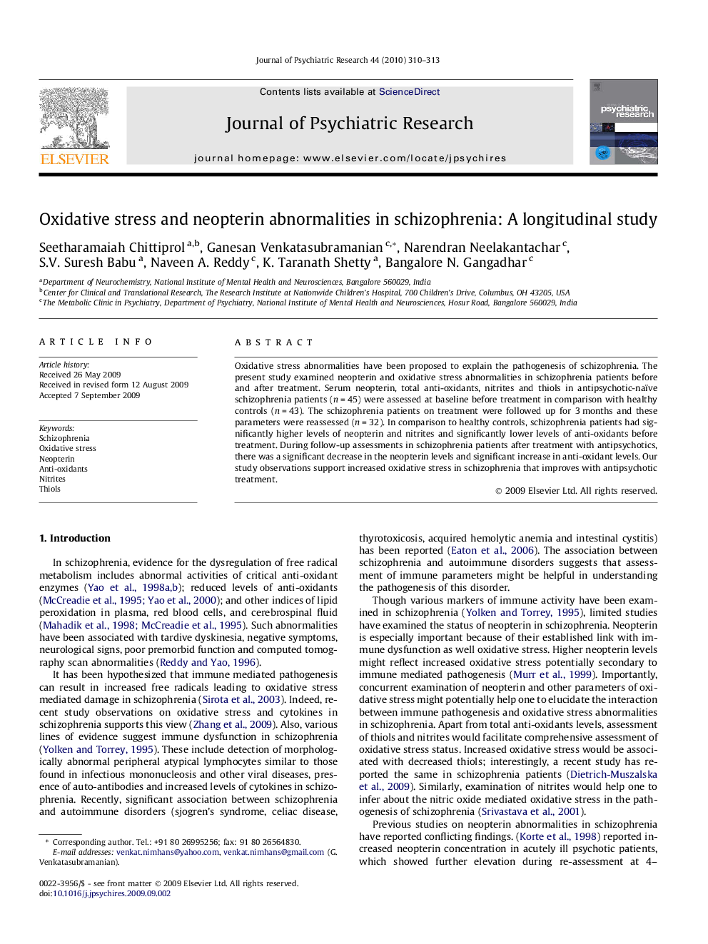 Oxidative stress and neopterin abnormalities in schizophrenia: A longitudinal study