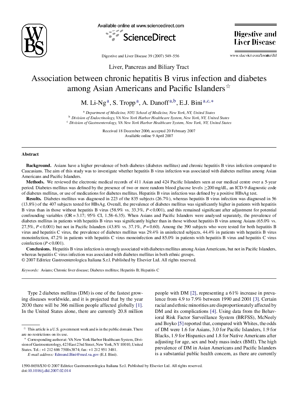 Association between chronic hepatitis B virus infection and diabetes among Asian Americans and Pacific Islanders 