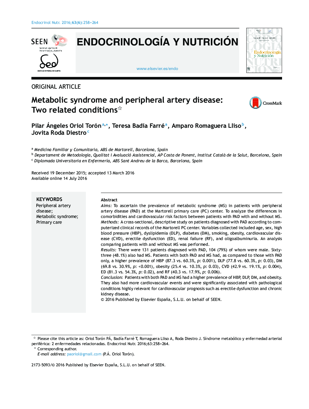 Metabolic syndrome and peripheral artery disease: Two related conditions 