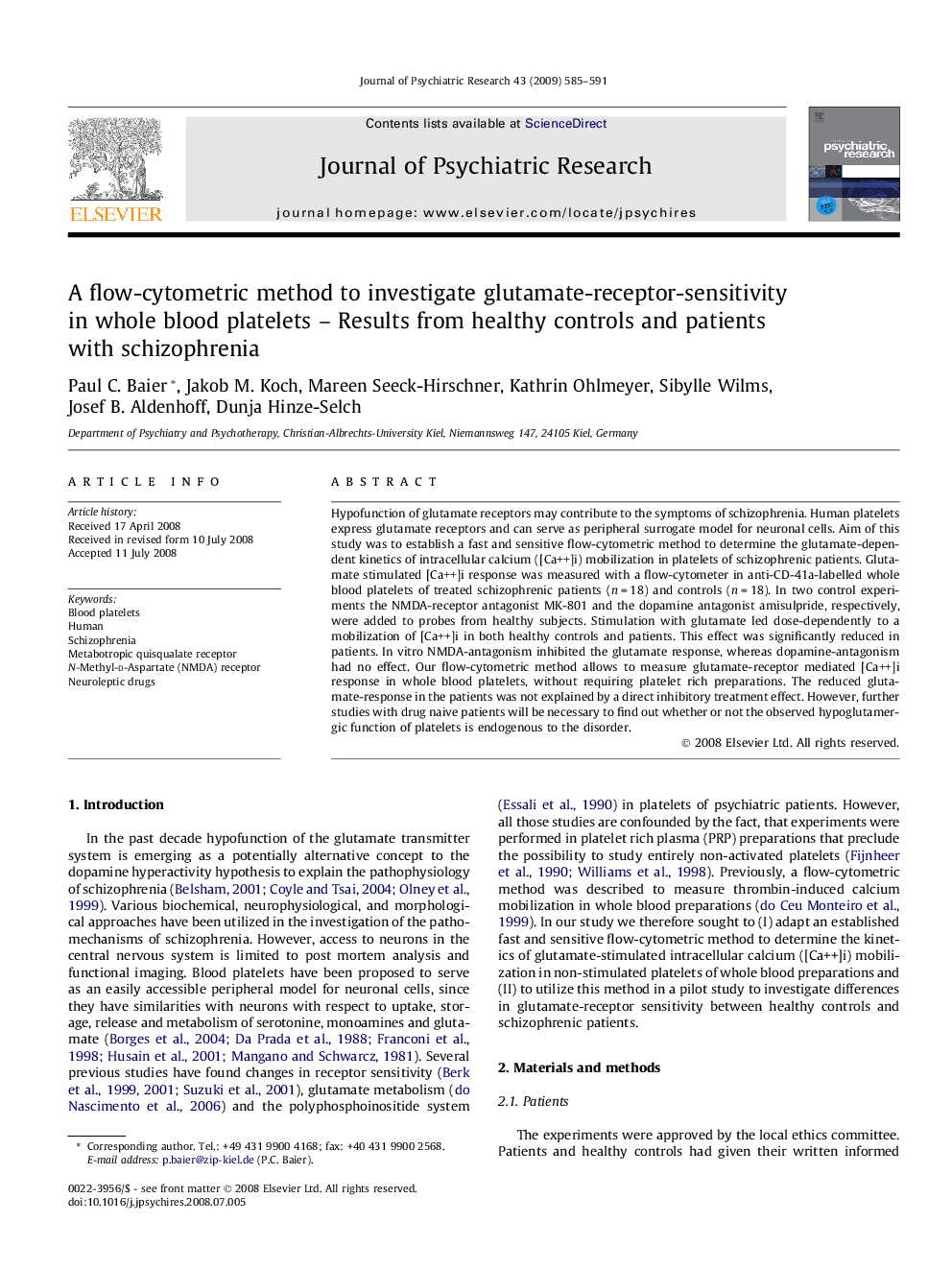 A flow-cytometric method to investigate glutamate-receptor-sensitivity in whole blood platelets – Results from healthy controls and patients with schizophrenia