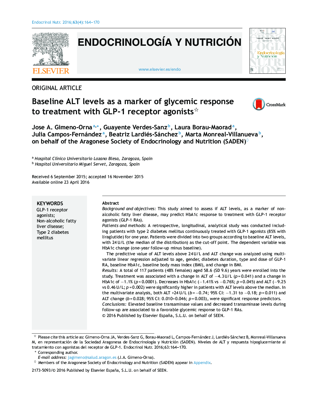سطوح ALT اولیه به عنوان نشانگر پاسخ گلیسمی به درمان با گیرنده های گیرنده GLP-1