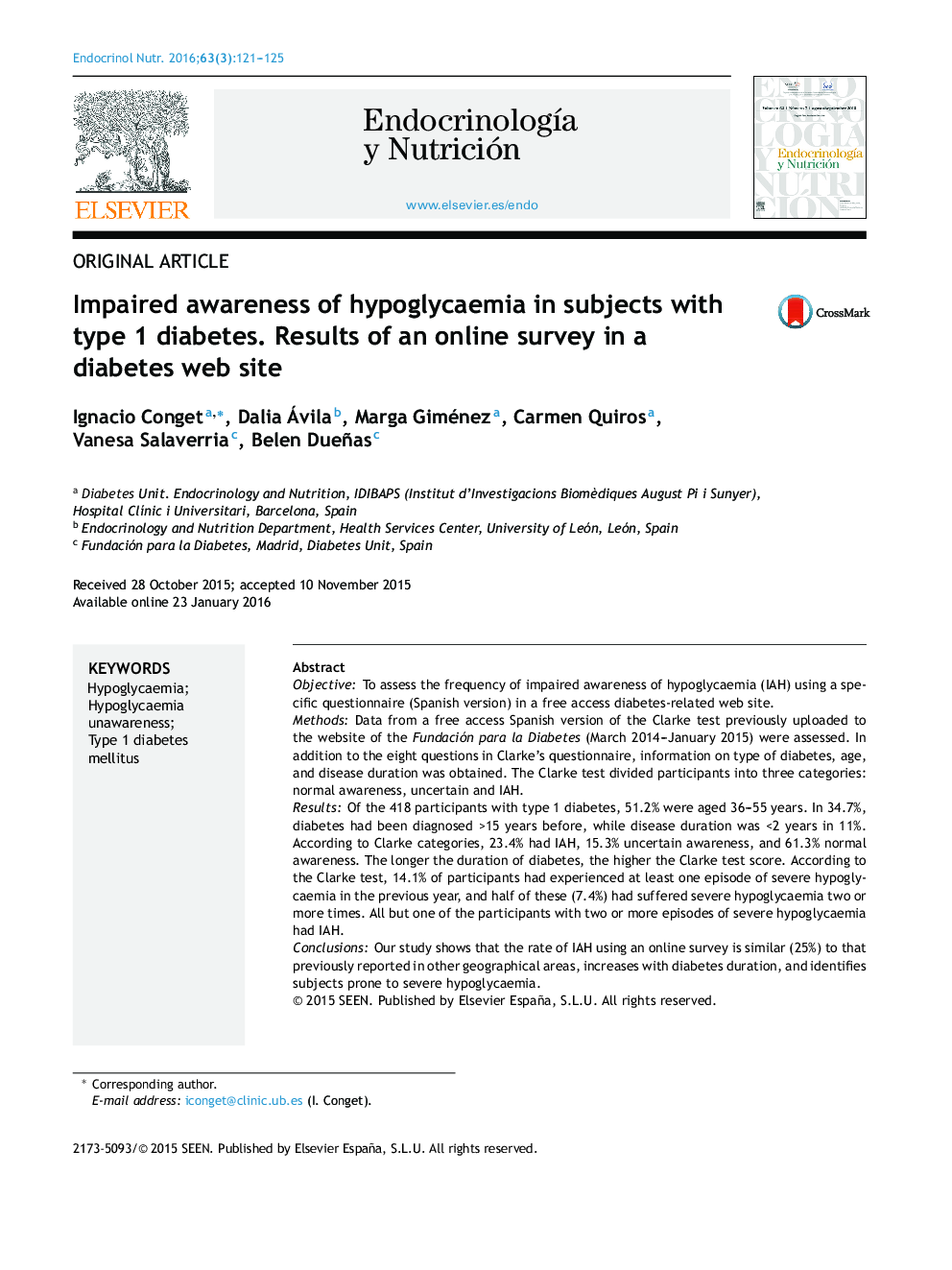 Impaired awareness of hypoglycaemia in subjects with type 1 diabetes. Results of an online survey in a diabetes web site