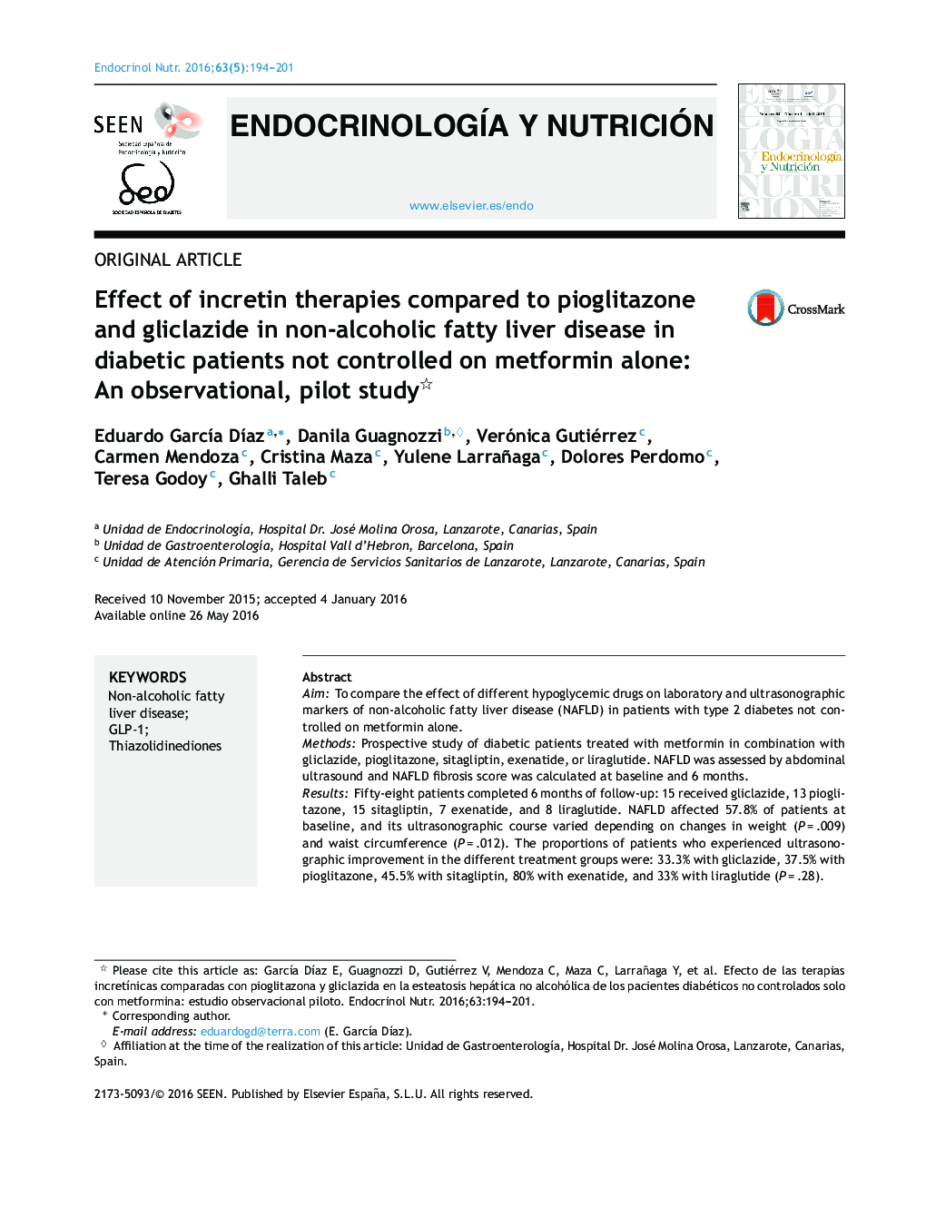 Effect of incretin therapies compared to pioglitazone and gliclazide in non-alcoholic fatty liver disease in diabetic patients not controlled on metformin alone: An observational, pilot study 