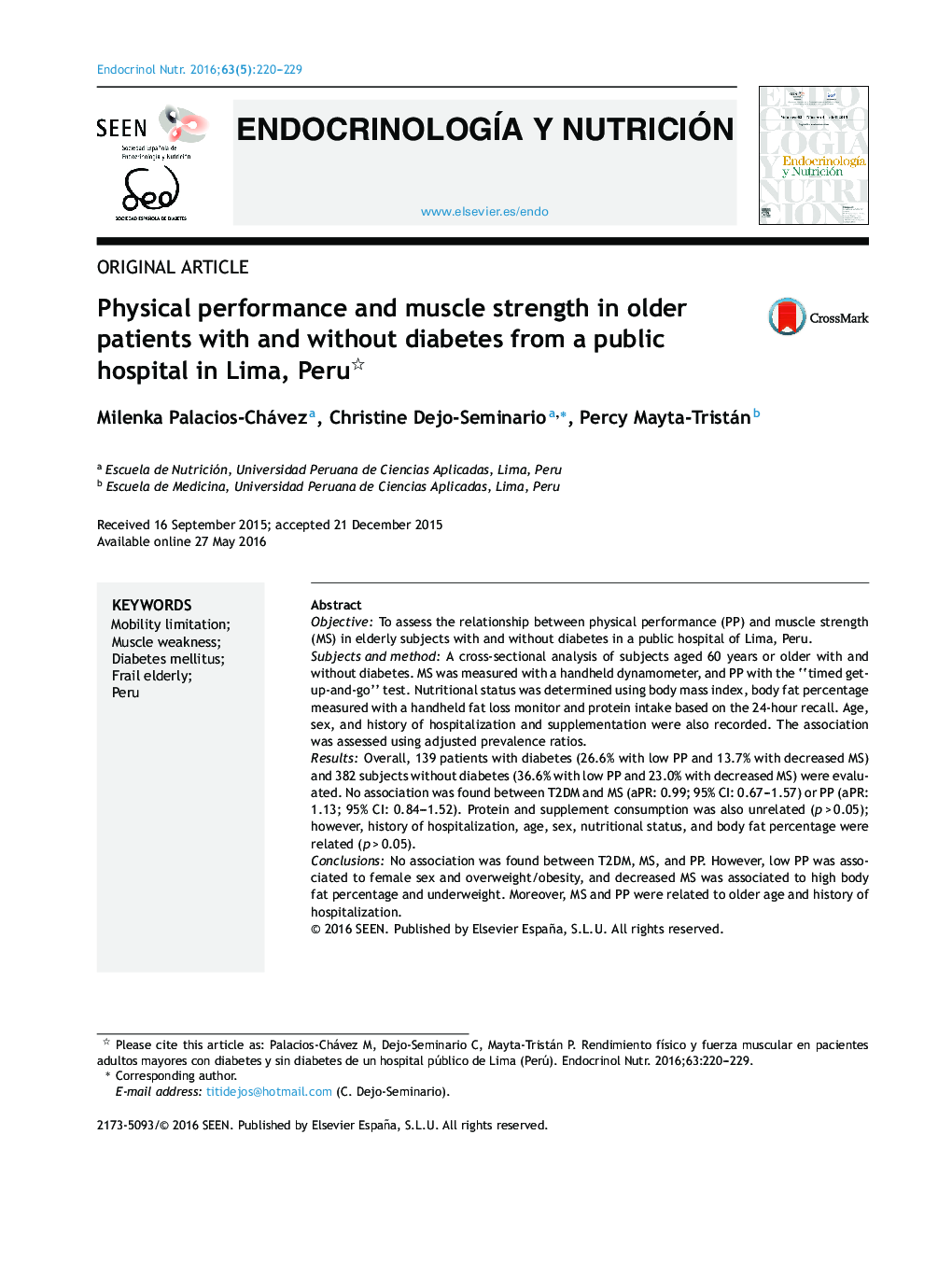 Physical performance and muscle strength in older patients with and without diabetes from a public hospital in Lima, Peru 