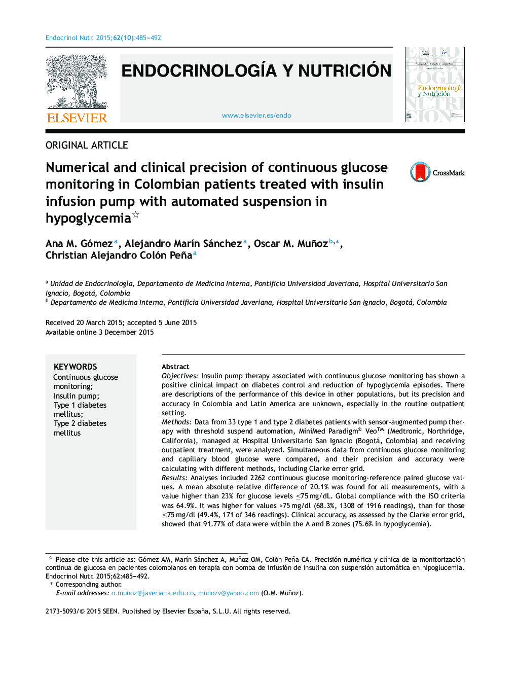 Numerical and clinical precision of continuous glucose monitoring in Colombian patients treated with insulin infusion pump with automated suspension in hypoglycemia